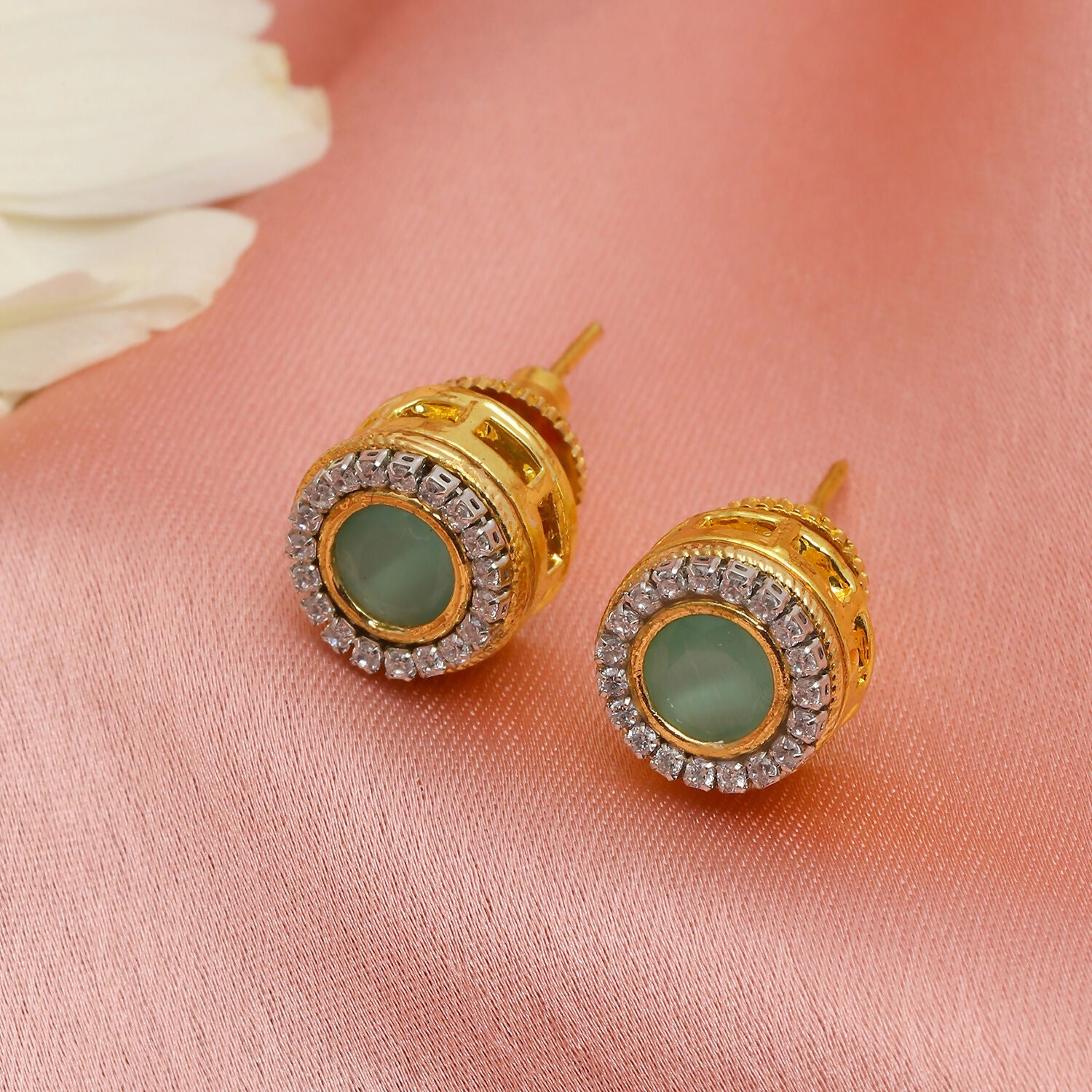 Green Round Daimond and Stone Studs (Green) - Ruby Raang - Distacart