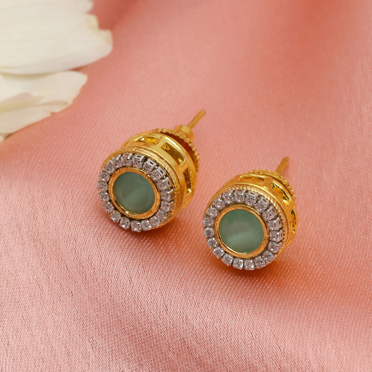 Green Round Daimond and Stone Studs (Green) - Ruby Raang - Distacart