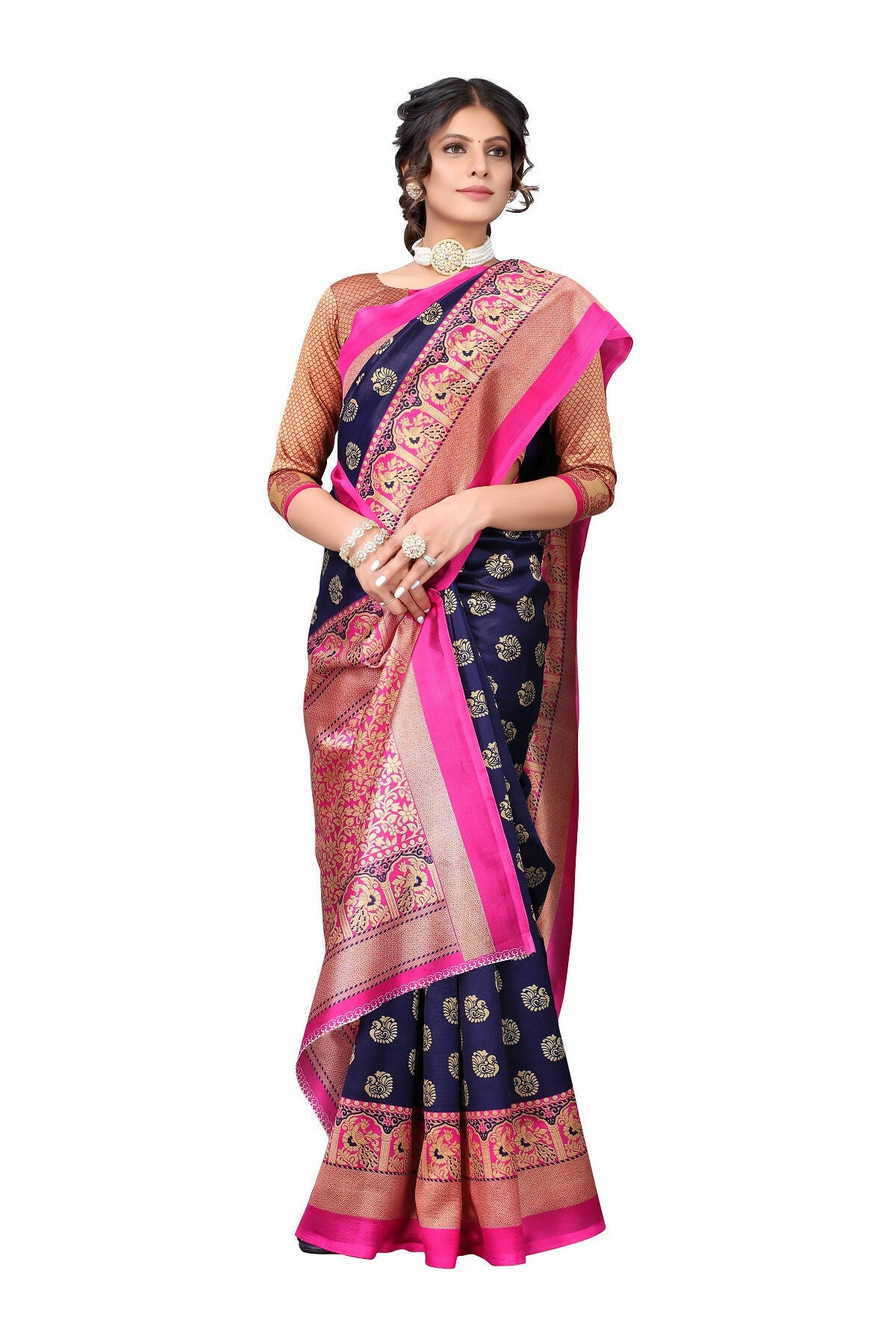 Vamika Navy Blue Printed Art Silk Saree - Distacart