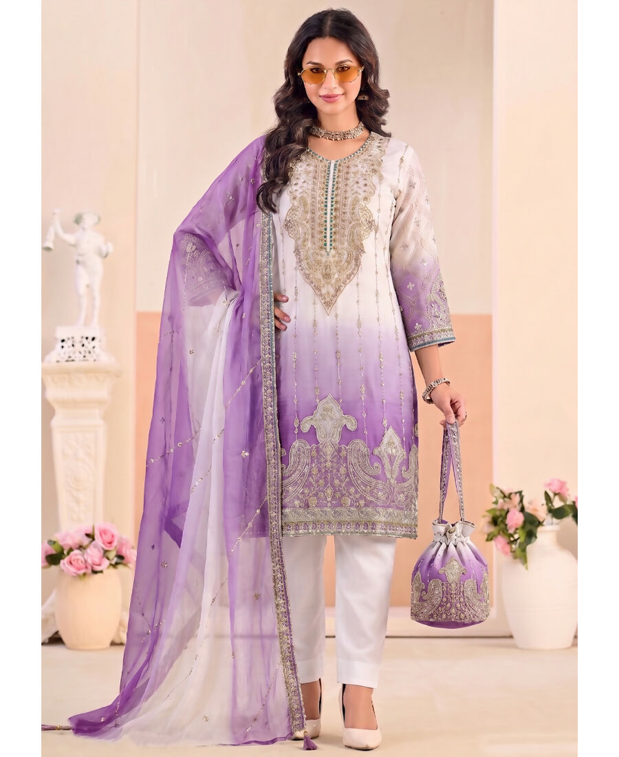 KC Designer Purple Ombre Straight Suit For Women With Hand Embroidery - Dista