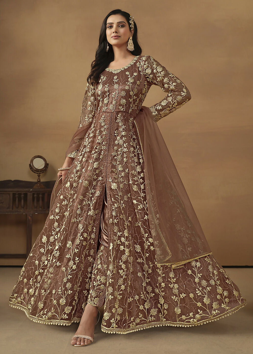 Pant Style Snuff Brown Embroidered Net Wedding Anarkali Suit - Emponline - Distacart