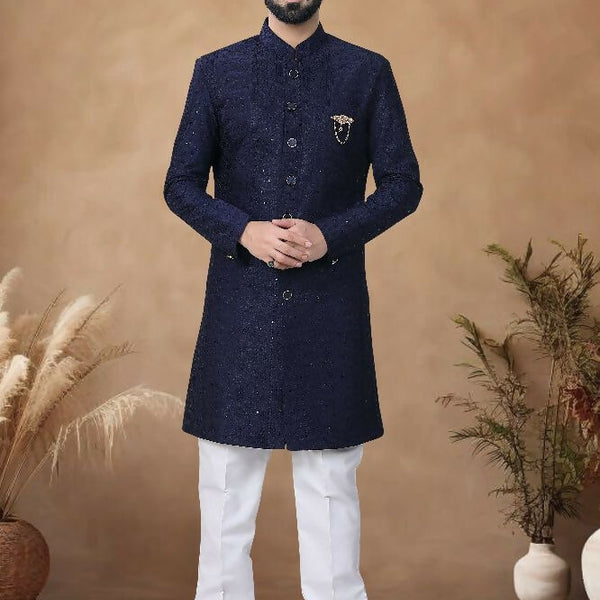 Joban Fashion Men's Blue Straight Silk Heavy Thread & Sequence Embroidery All Over Indo-Western Kurta Set - Distacart