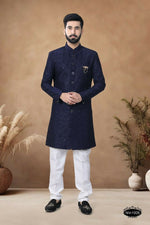 Thumbnail for Joban Fashion Men's Blue Straight Silk Heavy Thread & Sequence Embroidery All Over Indo-Western Kurta Set - Distacart