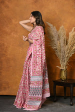 Thumbnail for Very Much Indian Pure Cotton Handblock Printed Saree - Light Pink - Distacart