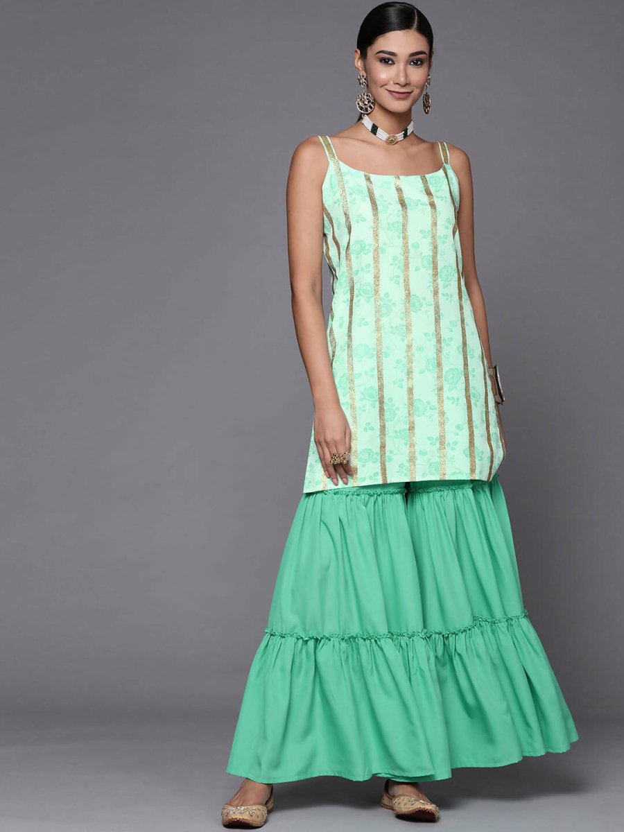 Ahalyaa Blue & Gold Floral Printed & Striped Straight Kurti with Sharara - Distacart