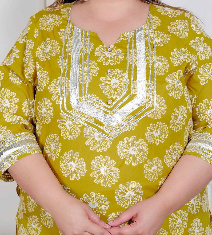 Miravan Plus Size Women'S Lime Yellow Block Printed Kurta With Palazzo