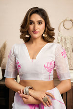 Thumbnail for Vastranavya White Digital Printed Linen Ready To Wear Designer Saree with Unstitched Blouse - Distacart