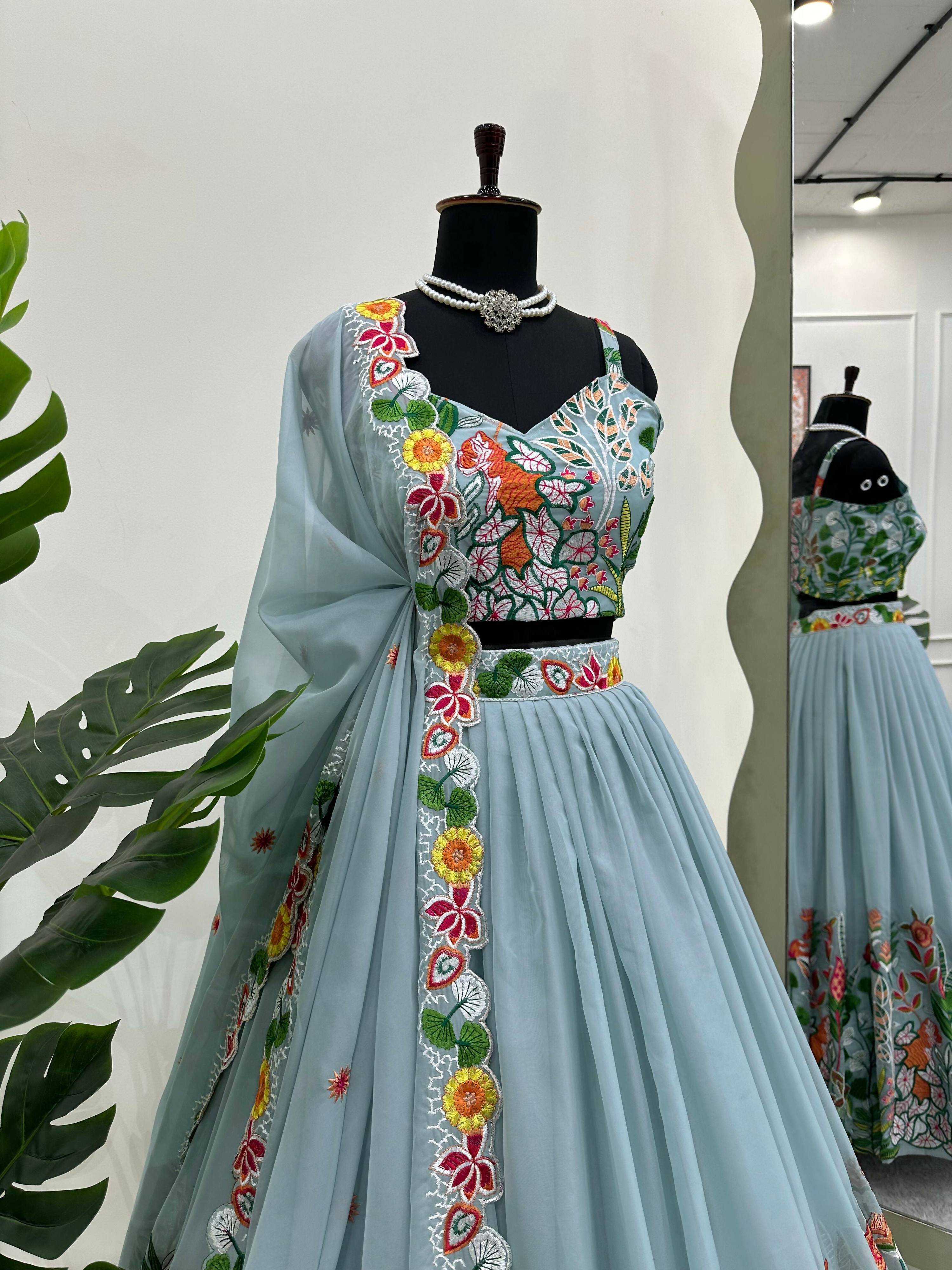 Preksha Creation Sky Blue Tabby Organza With Thread Women Lehanga Choli - Distacart