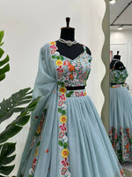 Thumbnail for Preksha Creation Sky Blue Tabby Organza With Thread Women Lehanga Choli - Distacart