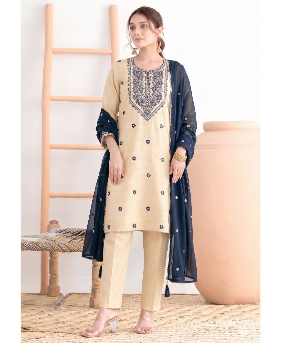 KC Khadi Cotton White Suit With Blue Dupatta 3 Piece Pair For Women - Dista