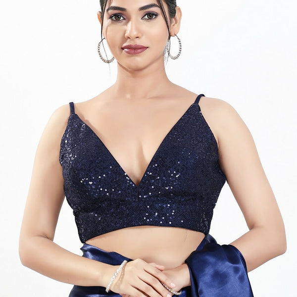 Joban Fashion Navy Blue Sequin Padded Blouse With V Neck Sleeveless - Distacart