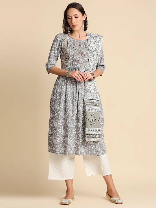 Anubhutee Grey & Red Pure Cotton Floral Printed A-Line Kurta with Trousers & Dupatta - Distacart