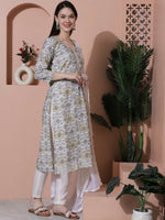 Thumbnail for Jyoti Fashion Women's Off White Cotton Floral Digital Printed Kurta with Trouser & Dupatta - Distacart