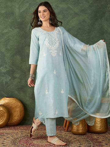 The52 Women's Beautiful Thread Work Cotton Blend Fabric Straight Kurta Pant and Dupatta Set - Dista