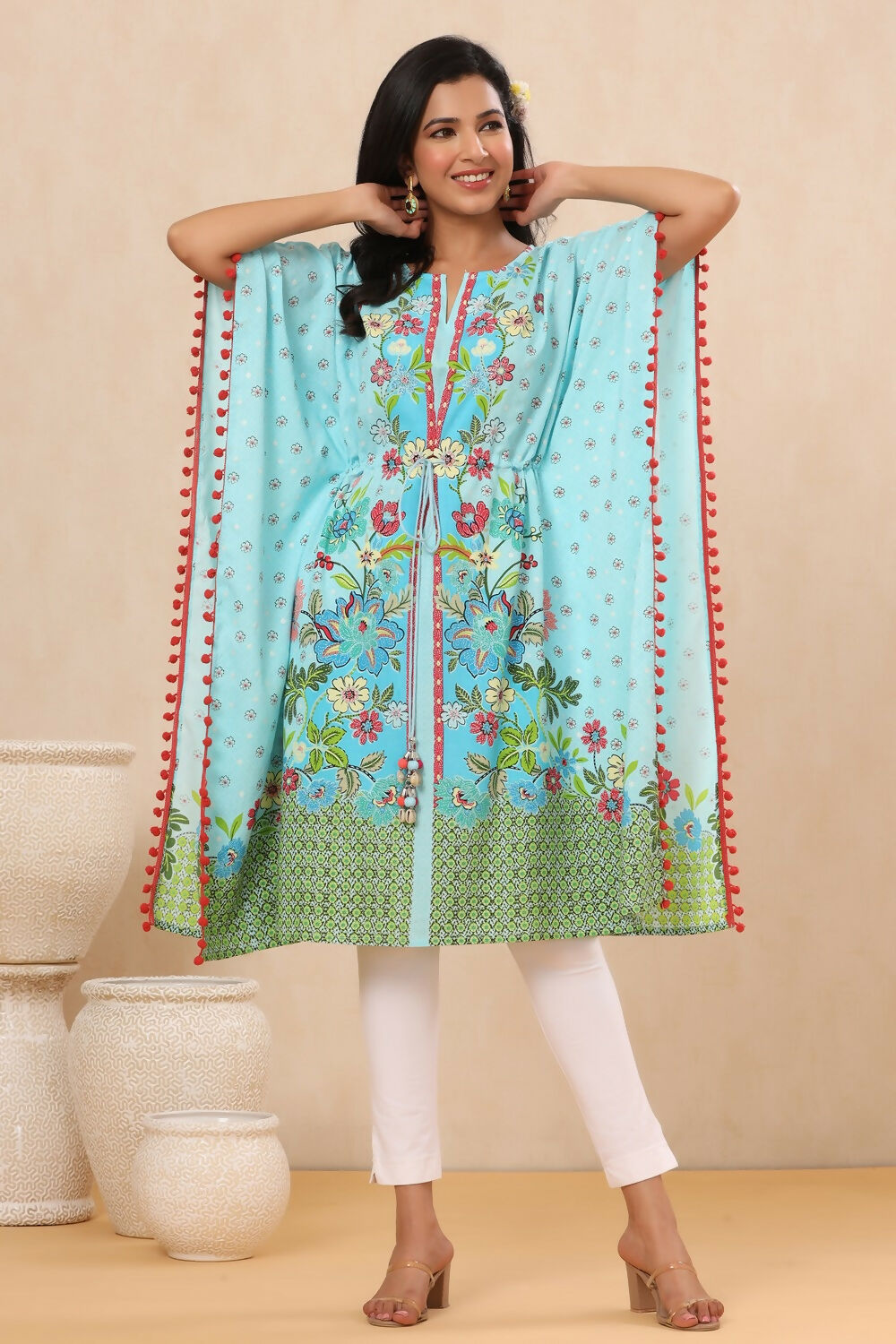Juniper Sky Blue Floral Printed Calf-Length Rayon Kaftan. - Distacart