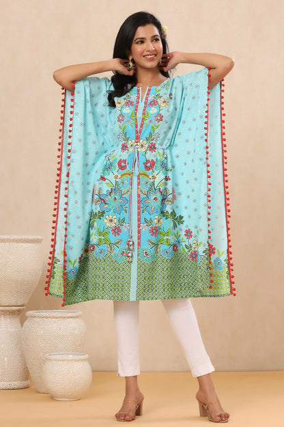 Juniper Sky Blue Floral Printed Calf-Length Rayon Kaftan. - Distacart