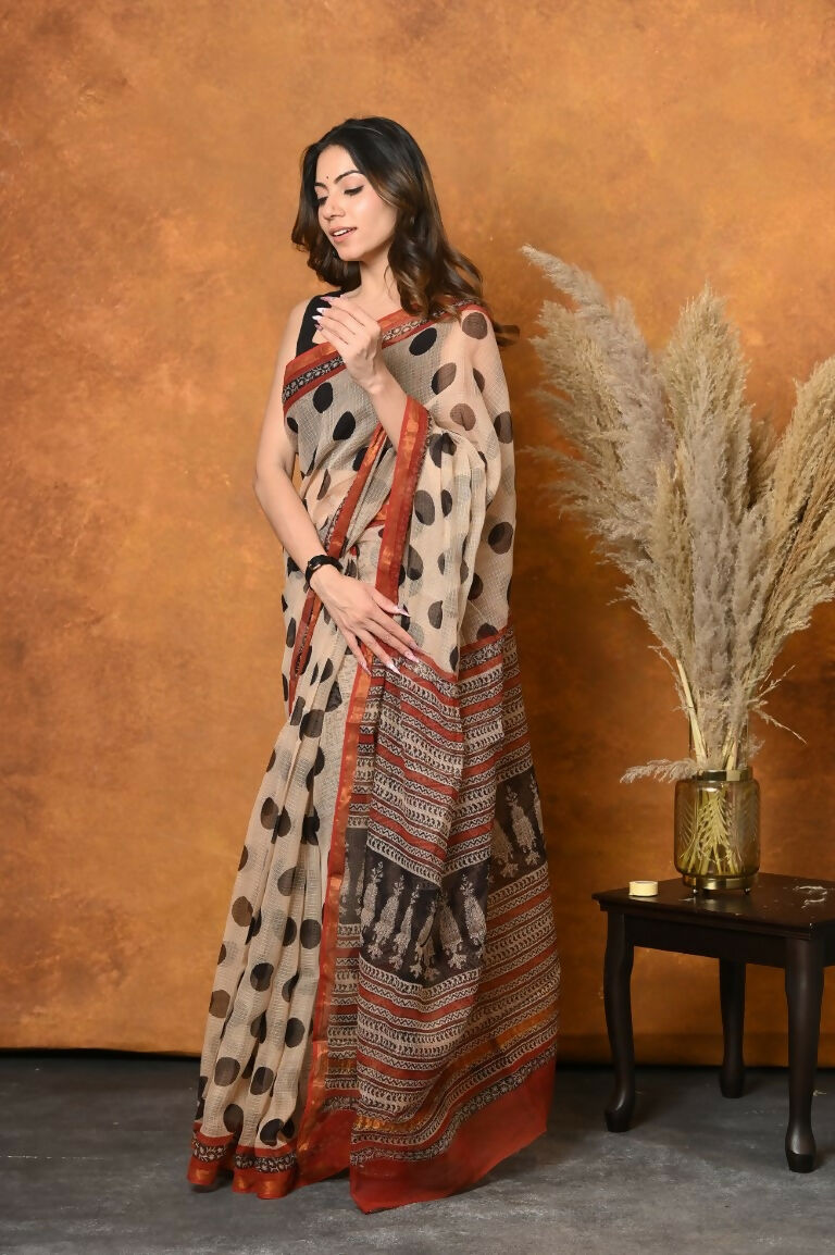 Very Much Indian Handblock Printed Cotton Saree With Natural Dyes - White - Distacart