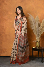 Thumbnail for Very Much Indian Handblock Printed Cotton Saree With Natural Dyes - White - Distacart