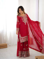 Thumbnail for The52 Women's Beautiful Faux Georgette Fabric Embroidery Work Straight Kurt Sharara and Dupatta Set - Distacart