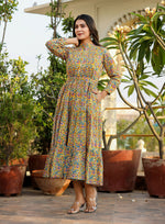 Thumbnail for Kaajh Women's Yellow Floral Handblock Print Cotton Dress - Distacart