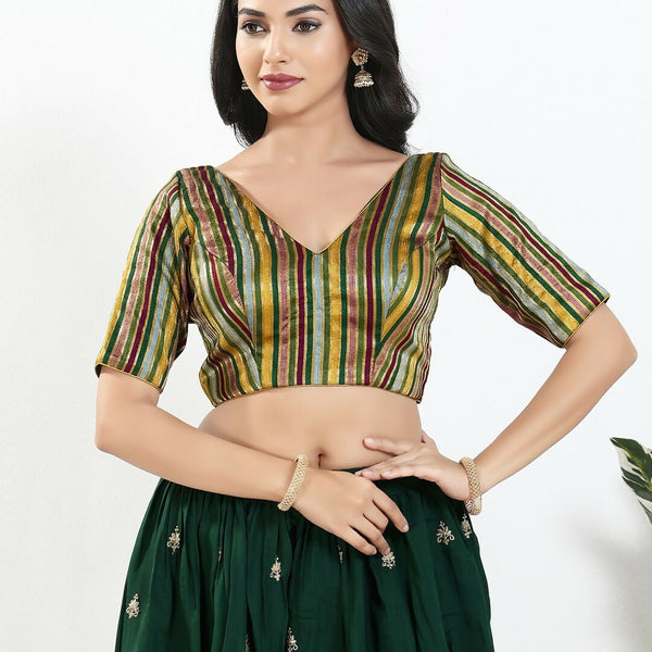Joban Fashion Green Multi Brocade Padded Blouse With V Neck Elbow Sleeves - Distacart