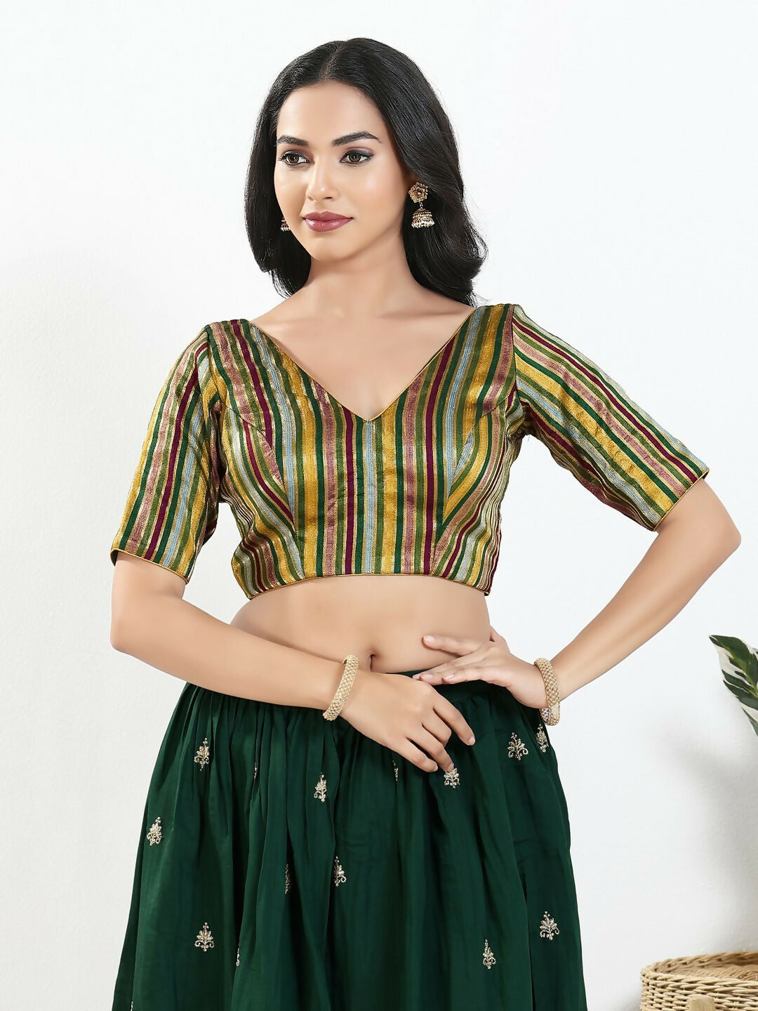 Joban Fashion Green Multi Brocade Padded Blouse With V Neck Elbow Sleeves - Distacart