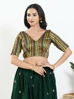 Thumbnail for Joban Fashion Green Multi Brocade Padded Blouse With V Neck Elbow Sleeves - Distacart