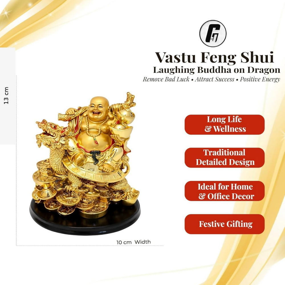 GJ Golden Laughing Buddha with Dragon & Coins Statue - Dista