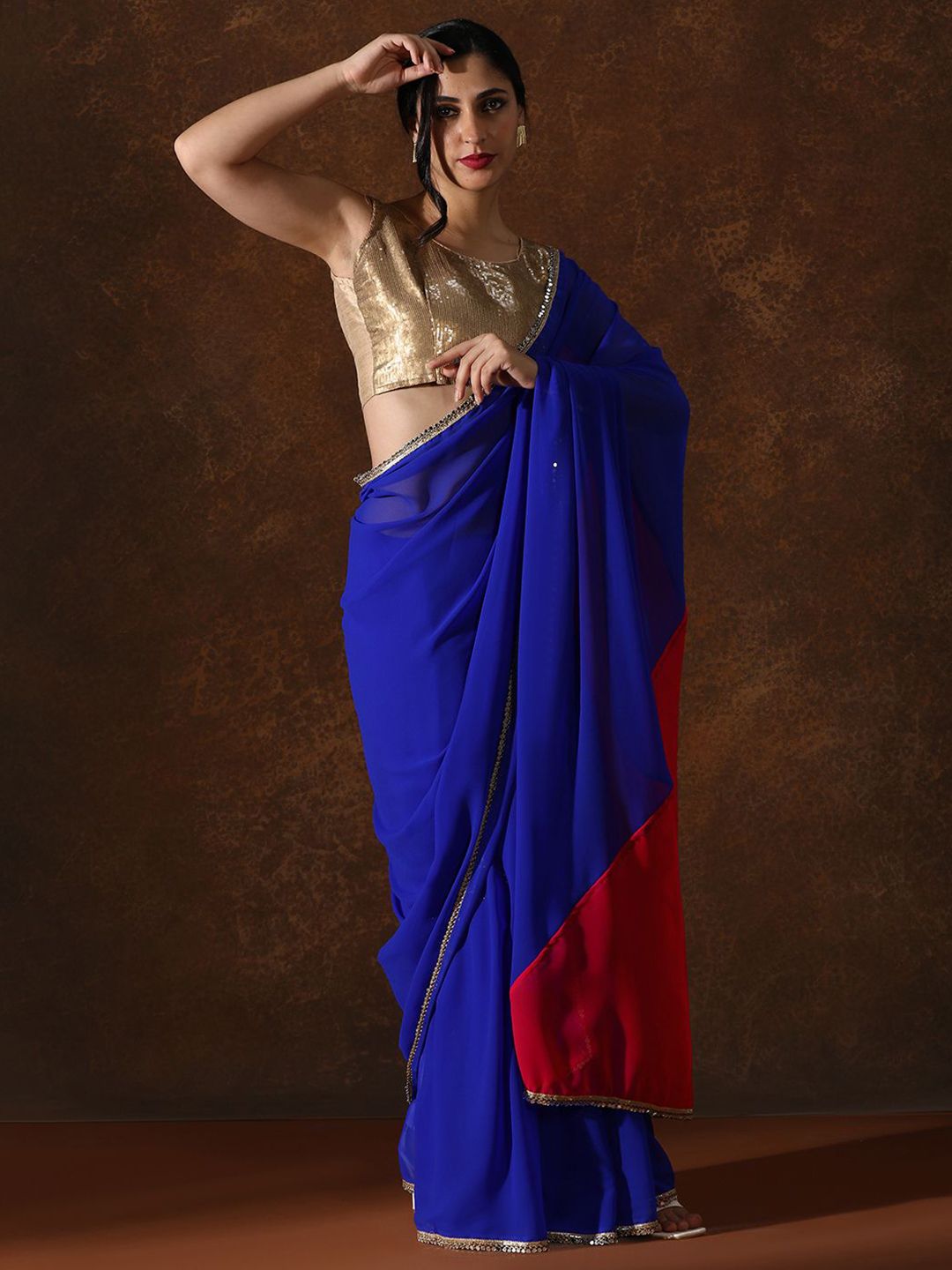 Mitera Women Colourblocked Mirror Work Pure Georgette Saree - Distacart