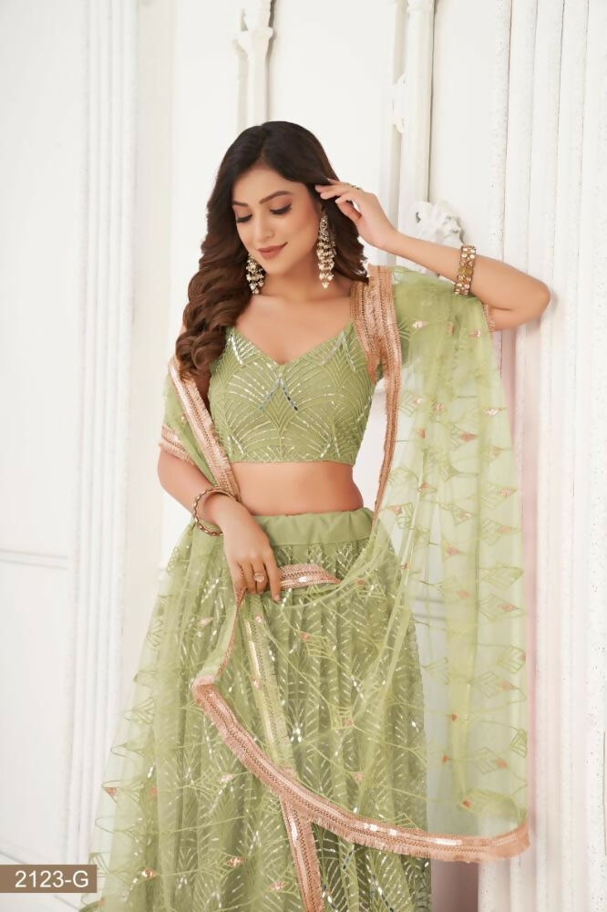 Aastha Fashion Pista Green Butterfly Net Tone To Tone Thread Work, Sequence Work And Original Mirror Work Embroidery Wedding Wear Lehenga Choli - Distacart