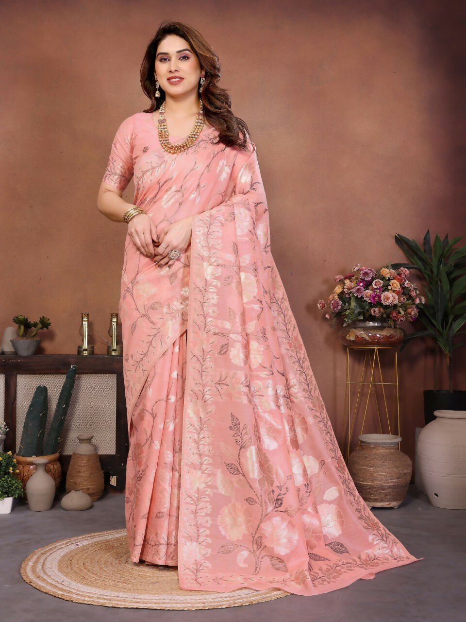 Teeya Creation New Latest Trendy Wedding Wear Pashmina Silk Saree-Peach - Dista