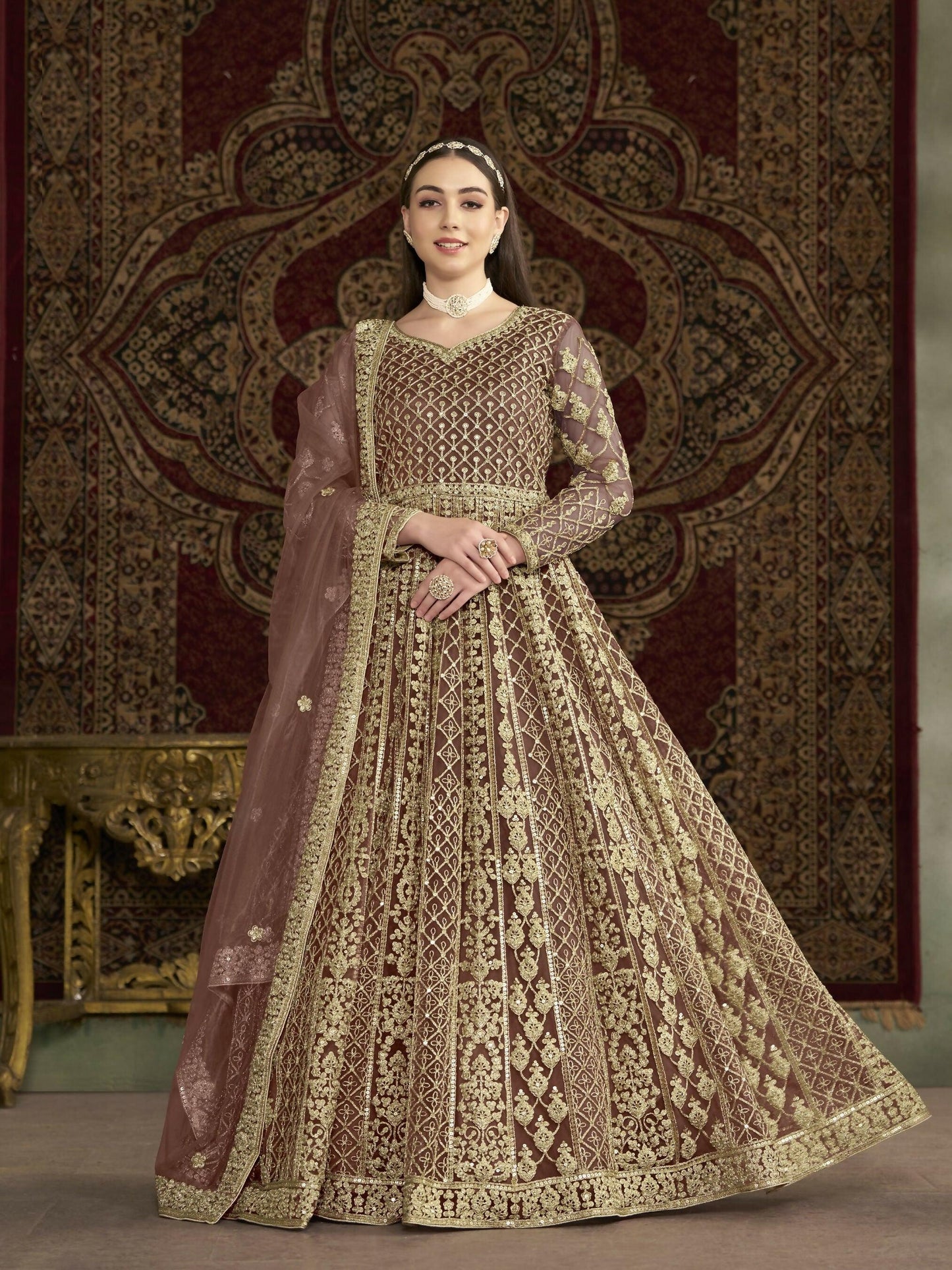 Anaita Coffee Embroidered Net Anarkali Suit - Distacart