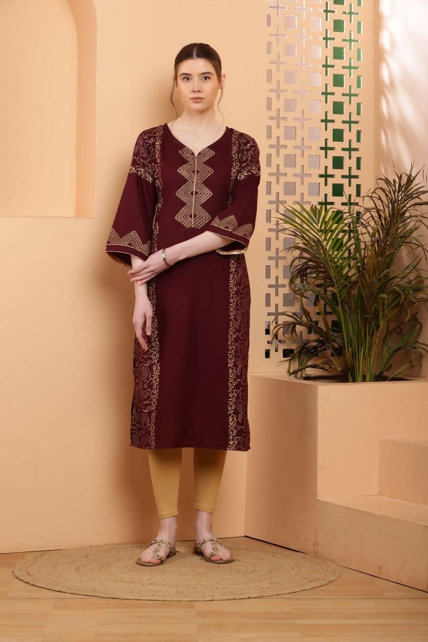 Cheera Women Stylish Hand Block Printed Cotton Blend Flared Kurta - Maroon - Distacart