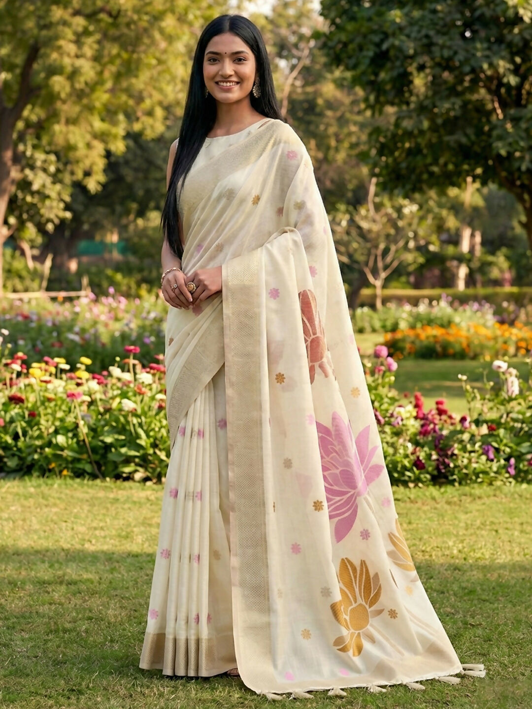 Astita White Linen Cotton Saree - Distacart