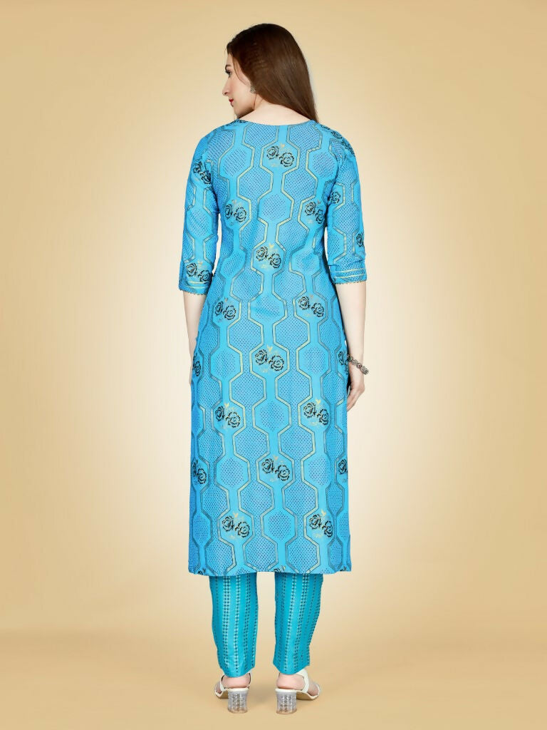 Jyoti Fashion Women's Sky Blue Viscose Rayon Embroidered Kurta Pant Set - Distacart
