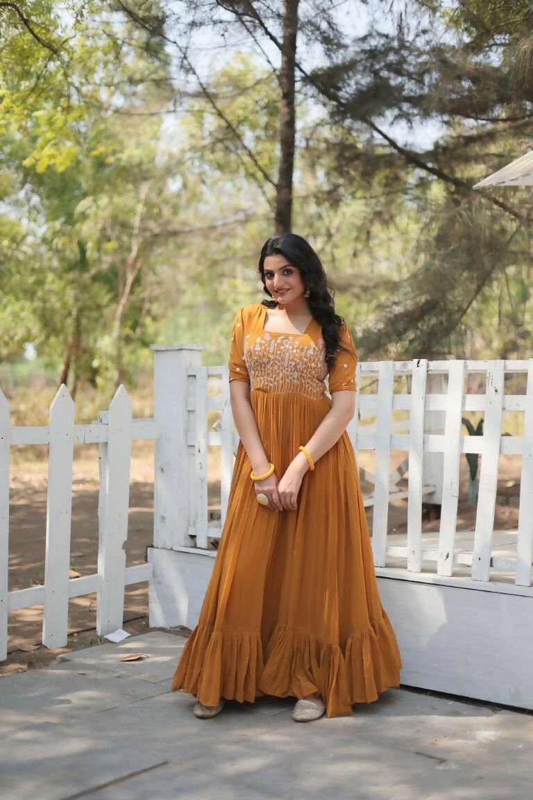 Aastha Fashion Women's Musterd Faux Georgette Sequins Multithreaded Embroidered Gown - Distacart