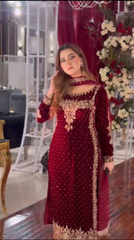 Thumbnail for Joban Fashion Wine Velvet Sequence Embroidery Work Kurta Set