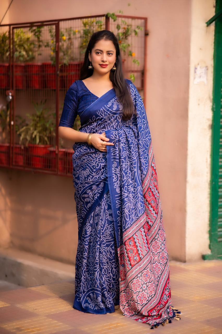Blue Silk Blend Ajrak Saree with Unstitched Blouse - A2M - Distacart