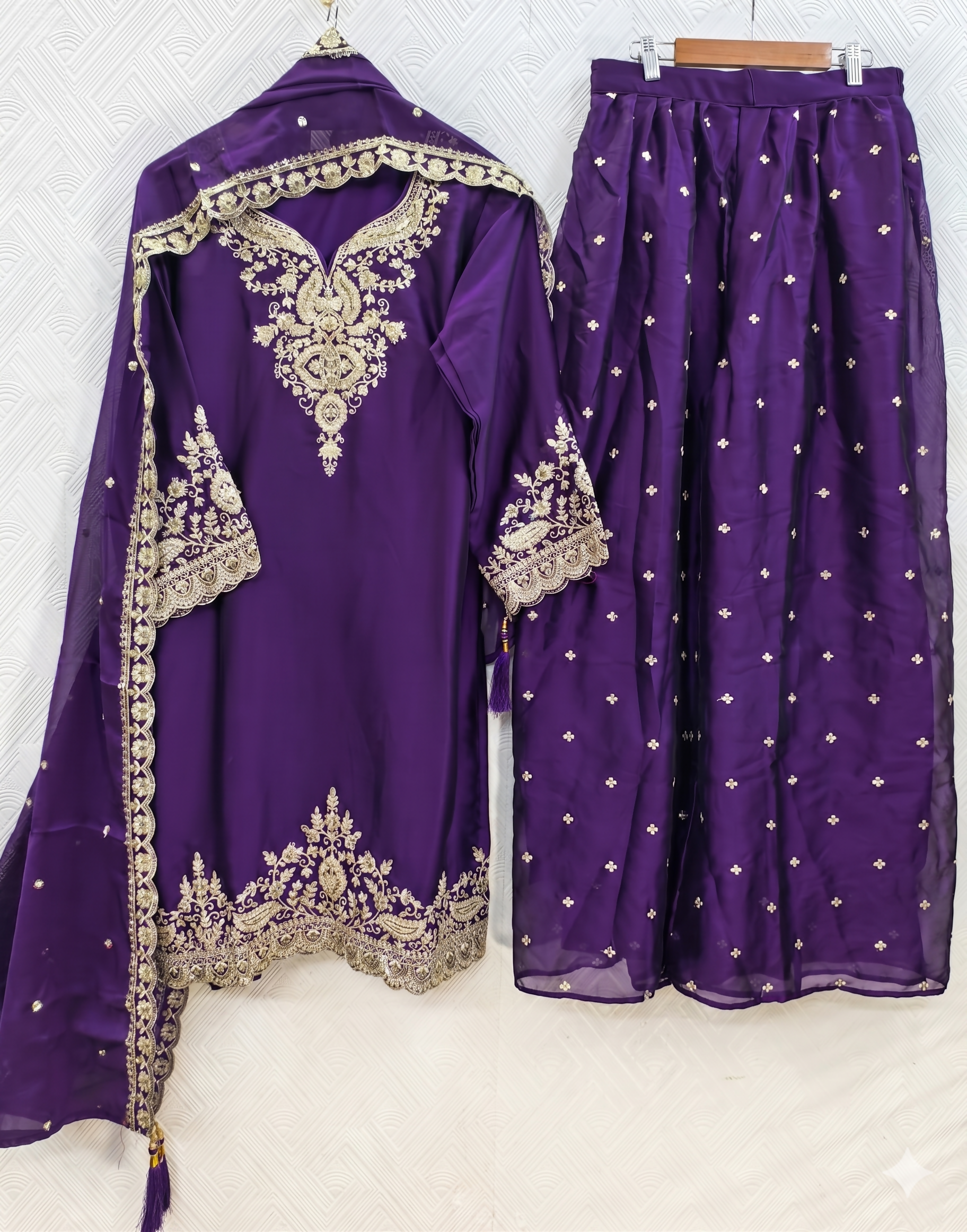 Teeya Creation Womens New Stylish Silk Embroidered Purple Sharara Suit With Golden Zari Work And Lace Border Dupatta - Dista