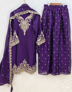 Thumbnail for Teeya Creation Womens New Stylish Silk Embroidered Purple Sharara Suit With Golden Zari Work And Lace Border Dupatta - Dista