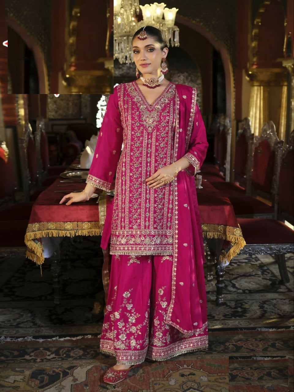 Aarshi Fashions Pink Chinon Silk Full Stitched Wedding Suits