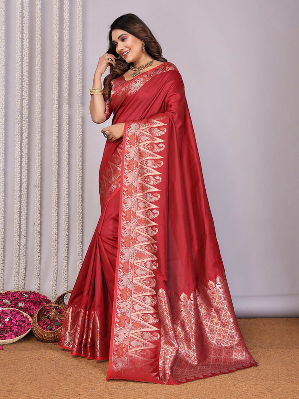 Joban Fashion Banarasi Red Jacquard WovenSoft Silk Saree