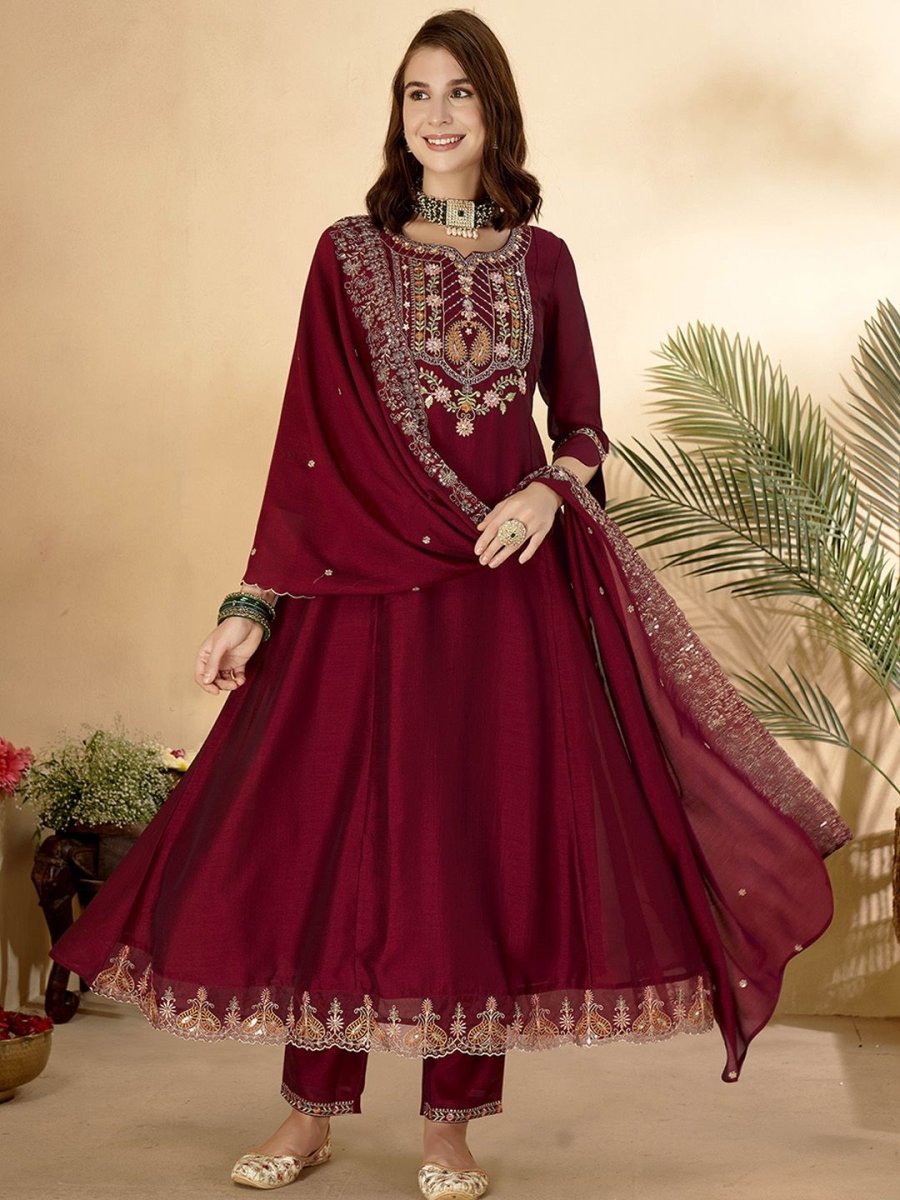 Anouk Maroon Ethnic Motifs Embroidered Sequinned Anarkali Kurta With Trouser & Dupatta - Distacart