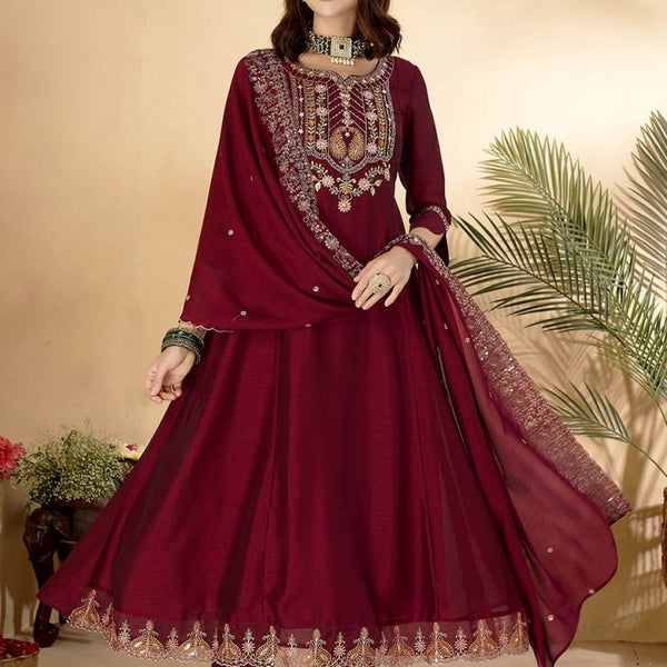 Anouk Maroon Ethnic Motifs Embroidered Sequinned Anarkali Kurta With Trouser & Dupatta - Distacart