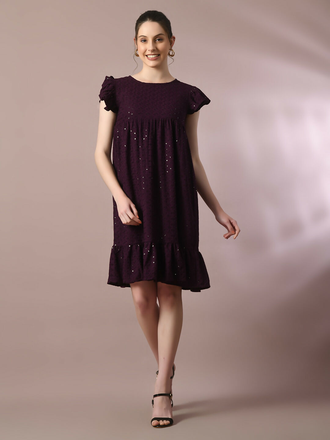 Myshka Women's Violet Embroidered Cotton Round Neck A-Line Party Dress - Distacart