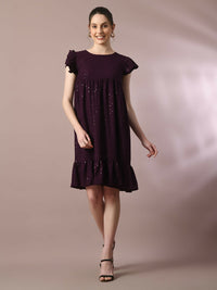 Thumbnail for Myshka Women's Violet Embroidered Cotton Round Neck A-Line Party Dress - Distacart