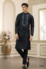 Thumbnail for Raivat Ethnic Banarasi Art Silk Thread and Mirror Work Kurta Pajama In Black Colour