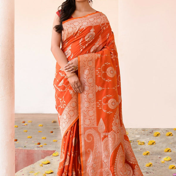 Joban Fashion Orange Banarasi Soft Pure Handloom Banarasi Silk Saree