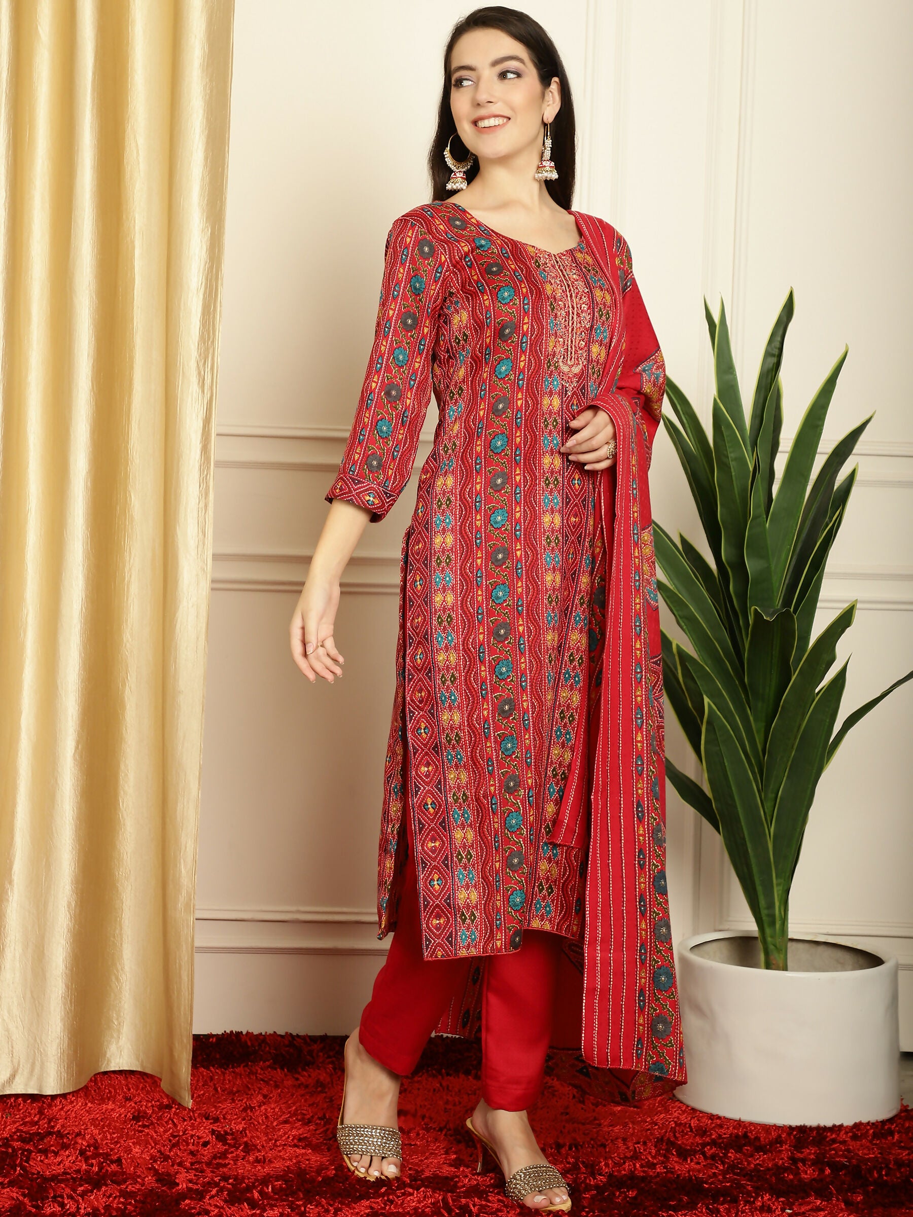 Jyoti Fashion Women's Red Pashmina Floral Digital Printed Kurta with Trouser & Dupatta - Distacart