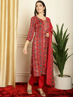 Thumbnail for Jyoti Fashion Women's Red Pashmina Floral Digital Printed Kurta with Trouser & Dupatta - Distacart